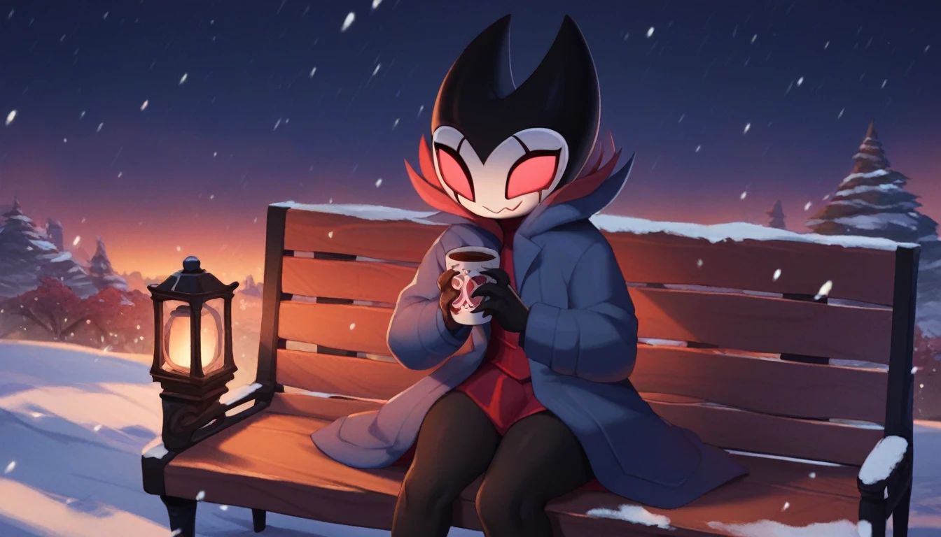 score_9, score_8_up, score_7_up, score_6_up, zPDXL2, grimm \(hollow knight\), vampire, bat, 1boy, solo, cute face, detailed eyes, anthro, clothed, landscape, looking at the viewer, highlight thighs, It's snowing outside, it's night, a lamp is on nearby, outdoor, winter coat, holding two cups of coffee in both hands, smiling, sitting on a bench, exhausted look