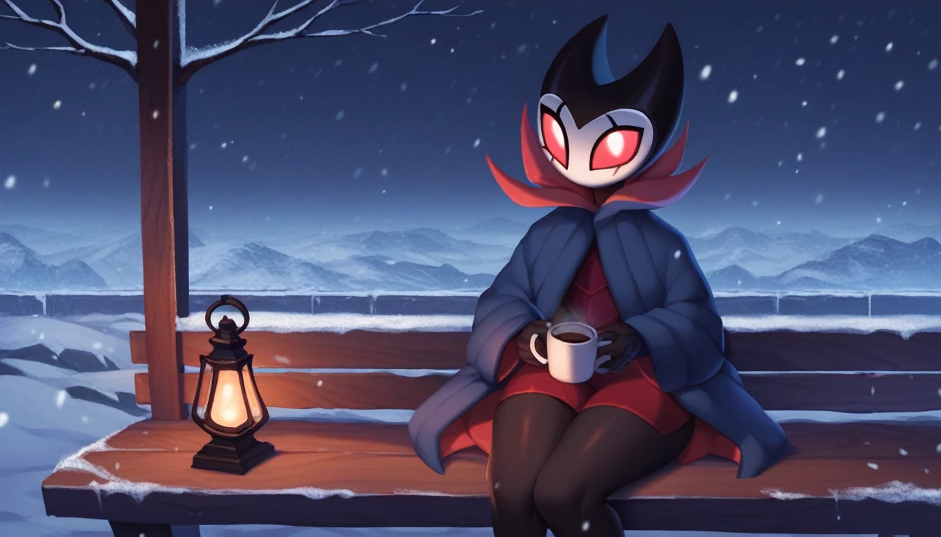 score_9, score_8_up, score_7_up, score_6_up, zPDXL2, grimm \(hollow knight\), vampire, bat, 1boy, solo, cute face, detailed eyes, anthro, clothed, landscape, looking at the viewer, highlight thighs, It's snowing outside, it's night, a lamp is on nearby, outdoor, winter coat, holding two cups of coffee in both hands, smiling, sitting on a bench, exhausted look