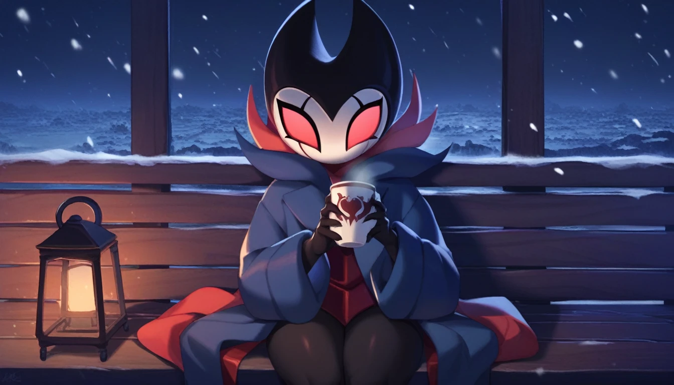 score_9, score_8_up, score_7_up, score_6_up, zPDXL2, grimm \(hollow knight\), vampire, bat, 1boy, solo, cute face, detailed eyes, anthro, clothed, landscape, looking at the viewer, highlight thighs, It's snowing outside, it's night, a lamp is on nearby, outdoor, winter coat, holding two cups of coffee in both hands, smiling, sitting on a bench, exhausted look