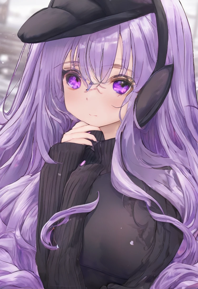 work of art, best qualityer, 1 girl, ((gazing at viewer)), lilac hair, purples eyes, long hair, ahoge, sweater, sweater skirt, pantyhose, 163cm, hair between the eyes, breasts big,