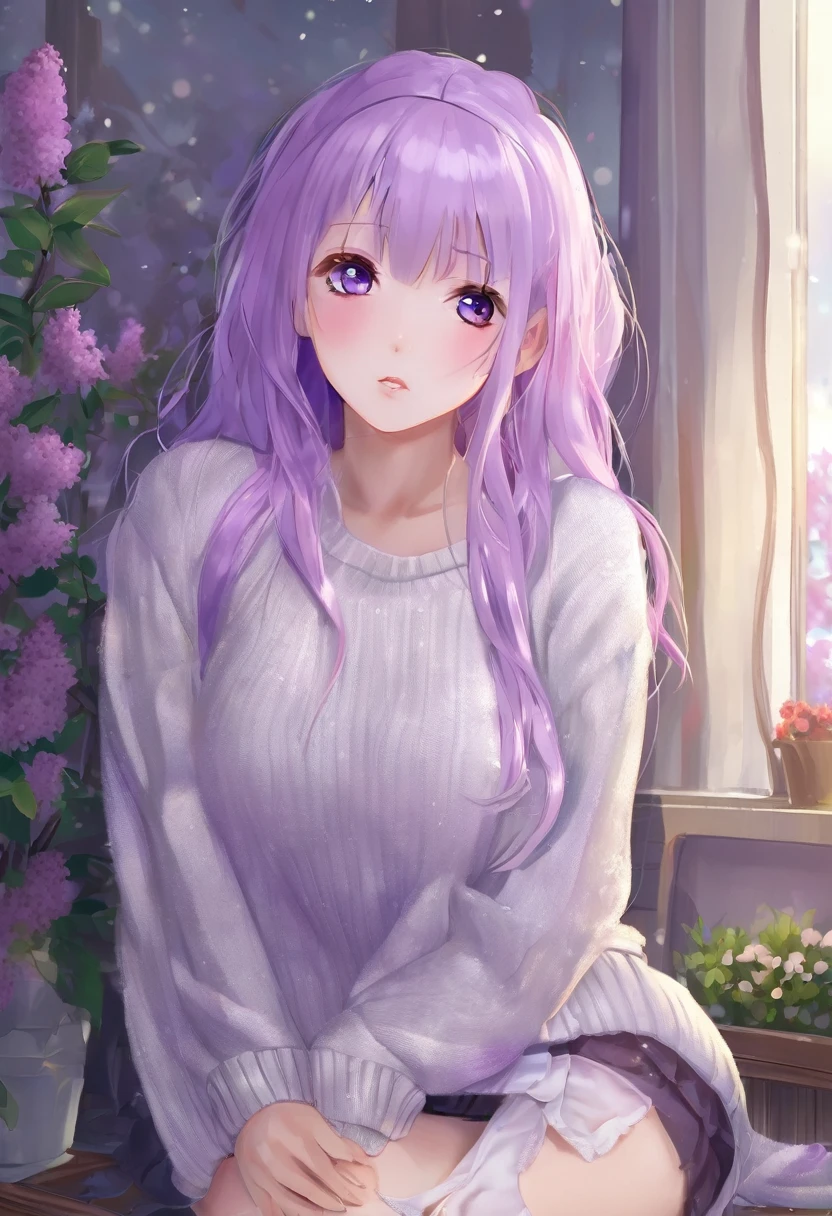 work of art, best qualityer, 1 girl, ((gazing at viewer)), lilac hair, purples eyes, long hair, ahoge, sweater, sweater skirt, pantyhose, 163cm, hair between the eyes, breasts big,