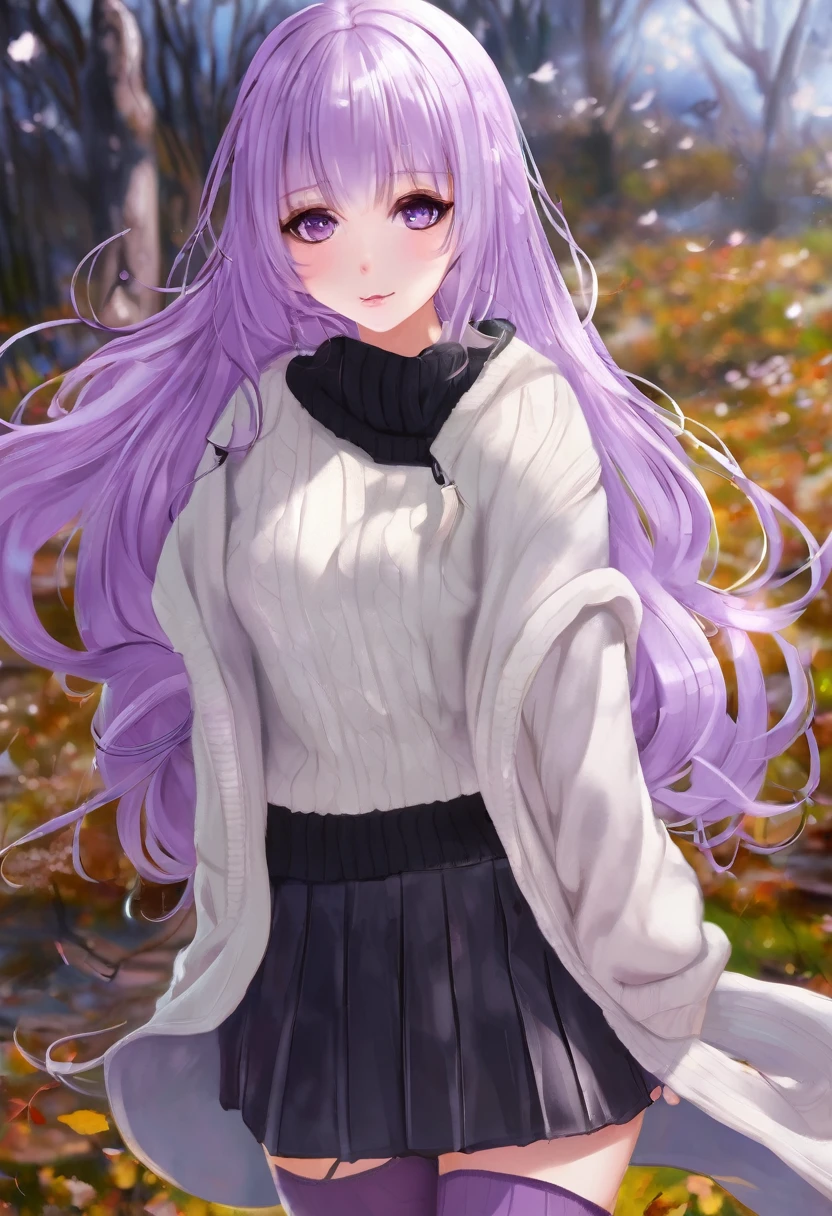 work of art, best qualityer, 1 girl, ((gazing at viewer)), lilac hair, purples eyes, long hair,  ahoge, sweater, sweater skirt, pantyhose, 163cm, hair between the eyes, breasts big, 