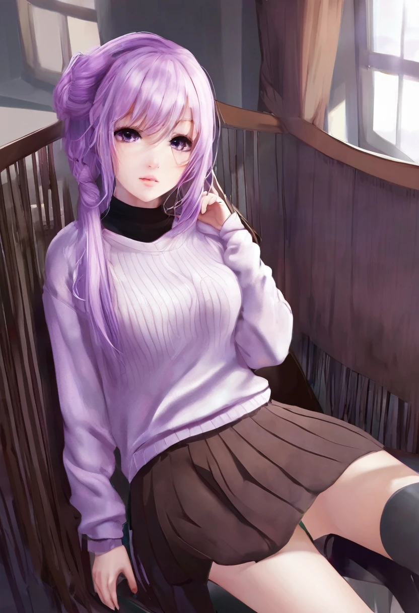 work of art, best qualityer, 1 girl, ((gazing at viewer)), lilac hair, purples eyes, long hair,  ahoge, sweater, sweater skirt, pantyhose, 163cm, hair between the eyes, breasts big, 