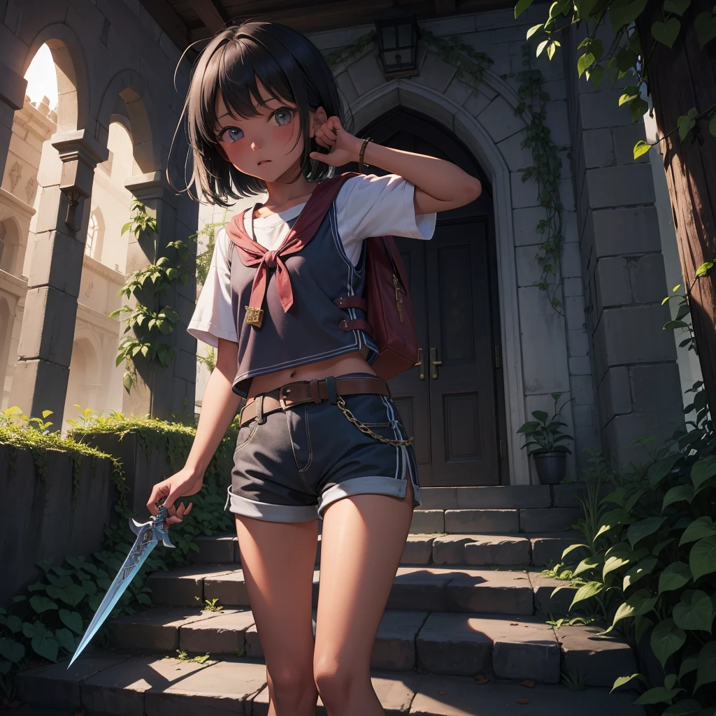 最high quality、high quality、Simple cloth clothing、10Year old girl adventurer、Climb the maze stairs、Shorts、Equipped with a dagger and a shield、In a dark maze