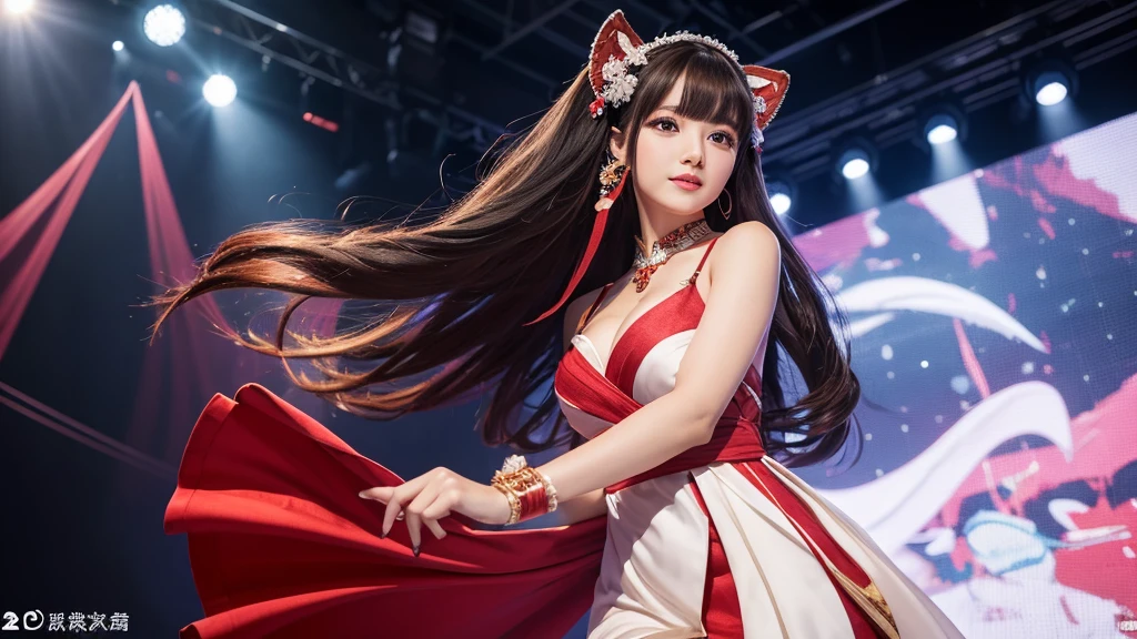 16K, 8k upscale, photorealistic, ultra detailed, best quality, masterpiece, perfect anatomy, lora:yaeSarahMultiverseSoulRays_v2:1,
a stunningly beautiful female announcer with long silky hair, holding a microphone, wearing an elegant dress that hugs her perfect figure, standing in a professional studio with stage lights illuminating her, looking directly at the camera with a warm and welcoming expression, style inspired by Sarah Essen Hosking and Yae Miko from Genshin Impact