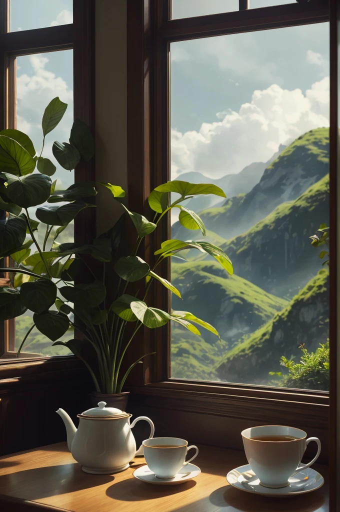 A cup of tea at the desk，The background is a window, A cinematic scene, Perfect light, Beautiful composition, realisticlying, vegetation