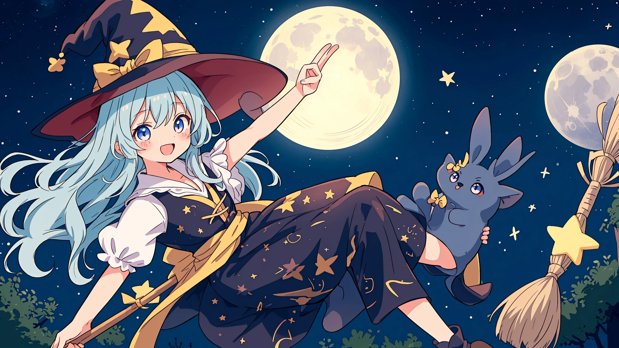 An image depicting a mischievous witch in an anime style, riding a broom through the night sky. She has a playful expression, with her full body shown against a backdrop of twinkling stars and a glowing moon. The scene captures the whimsical and magical essence of a witch soaring through the sky, creating an enchanting and lively atmosphere. 背景は夜空に満月が一tとお星様が2t、きらきらのエフェクトはいかなる場合でもtけないこと,Light blue long hair、ロングスカートに右手で杖を持t、The left hand is placed on the broom