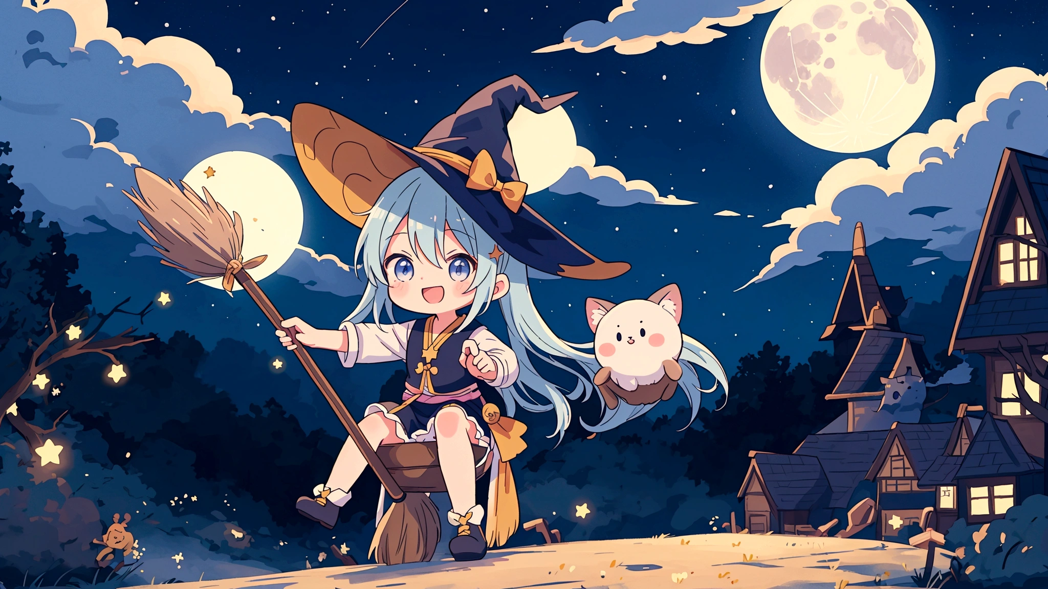 An image depicting a mischievous witch in an anime style, riding a broom through the night sky. She has a playful expression, with her full body shown against a backdrop of twinkling stars and a glowing moon. The scene captures the whimsical and magical essence of a witch soaring through the sky, creating an enchanting and lively atmosphere. 背景は夜空に満月が一tとお星様が２t、きらきらのエフェクトはいかなる場合でもtけないこと,Light blue long hair、ロングスカートに右手で杖を持t、The left hand is placed on the broom