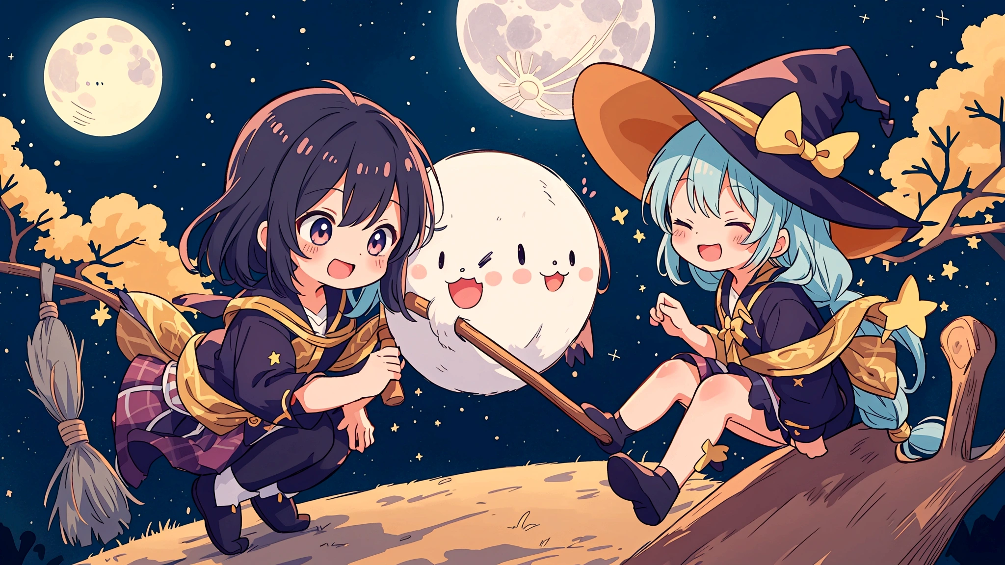 An image depicting a mischievous witch in an anime style, riding a broom through the night sky. She has a playful expression, with her full body shown against a backdrop of twinkling stars and a glowing moon. The scene captures the whimsical and magical essence of a witch soaring through the sky, creating an enchanting and lively atmosphere. 背景は夜空に満月が一tとお星様が2t、きらきらのエフェクトはいかなる場合でもtけないこと,Light blue long hair、ロングスカートに右手で杖を持t、The left hand is placed on the broom