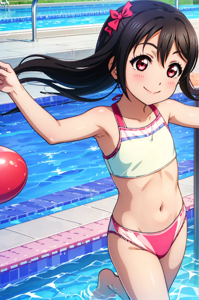 (((pixel-perfect, detail-perfect))), solo, 1girl, Nico yazawa, eyes red, smile, pool, bikini, armpit, flat filesize, ultra High Qality