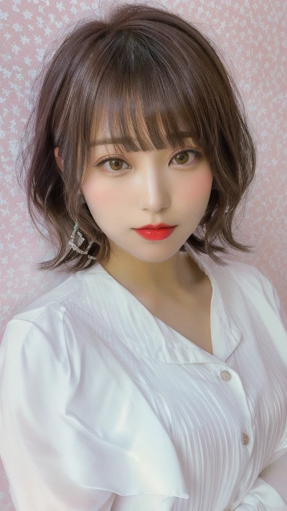 a close up of a woman with a white shirt and red lipstick, with short hair, chiho, neat hair with bangs, with short hair with bangs, white hime cut hairstyle, Yoshitomo Nara, with bangs, the hime cut, sakimi chan, shikamimi, short - medium length hair, harumi