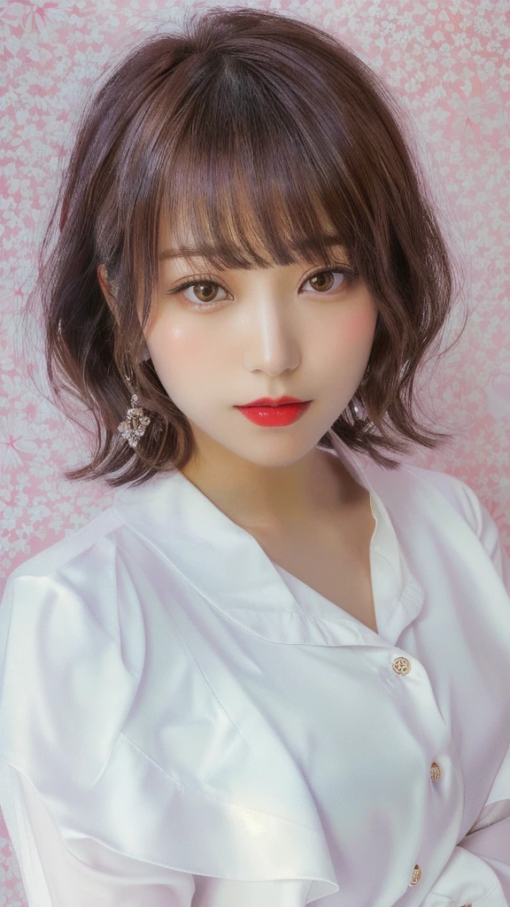 a close up of a woman with a white shirt and red lipstick, with short hair, chiho, neat hair with bangs, with short hair with bangs, white hime cut hairstyle, Yoshitomo Nara, with bangs, the hime cut, sakimi chan, shikamimi, short - medium length hair, harumi
