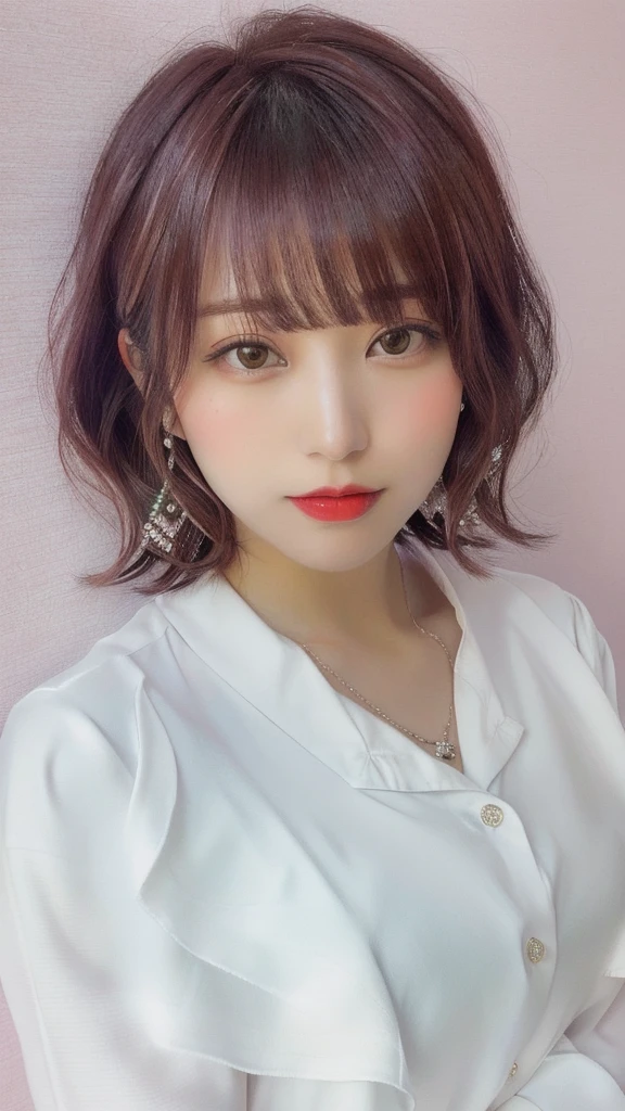 a close up of a woman with a white shirt and red lipstick, with short hair, chiho, neat hair with bangs, with short hair with bangs, white hime cut hairstyle, Yoshitomo Nara, with bangs, the hime cut, sakimi chan, shikamimi, short - medium length hair, harumi