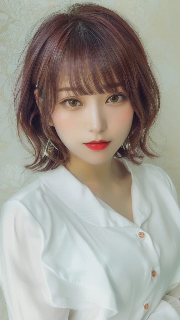 a close up of a woman with a white shirt and red lipstick, with short hair, chiho, neat hair with bangs, with short hair with bangs, white hime cut hairstyle, Yoshitomo Nara, with bangs, the hime cut, sakimi chan, shikamimi, short - medium length hair, harumi