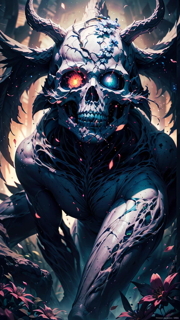 a completely white demonic creature, plains of multicolored flowers, luminous flowers, flowers growing on skin, monstrous man, large multicolored eyes, bald head, skull covered in small horns, (best quality,4k,8k,highres,masterpiece:1.2),ultra-detailed,(realistic,photorealistic,photo-realistic:1.37),HDR,UHD,studio lighting,ultra-fine painting,sharp focus,physically-based rendering,extreme detail description,professional,vivid colors,bokeh,dynamic point of view,cinematic scene,highlighted character,backlighting effects,mystical character,multicolored cracks on skin,full body character view