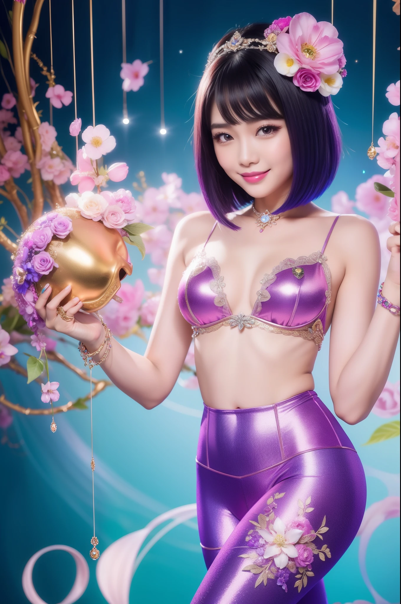 beautiful Thai model who controls poison、happy smile、lipgloss、intense makeup、look at the camera、full body Esbian、、sparkling poisoned flower costume、、、、sparkling Colorful short hair、secrete poison、skull hair accessories、sexy tights、shiny sparkling flowers background
