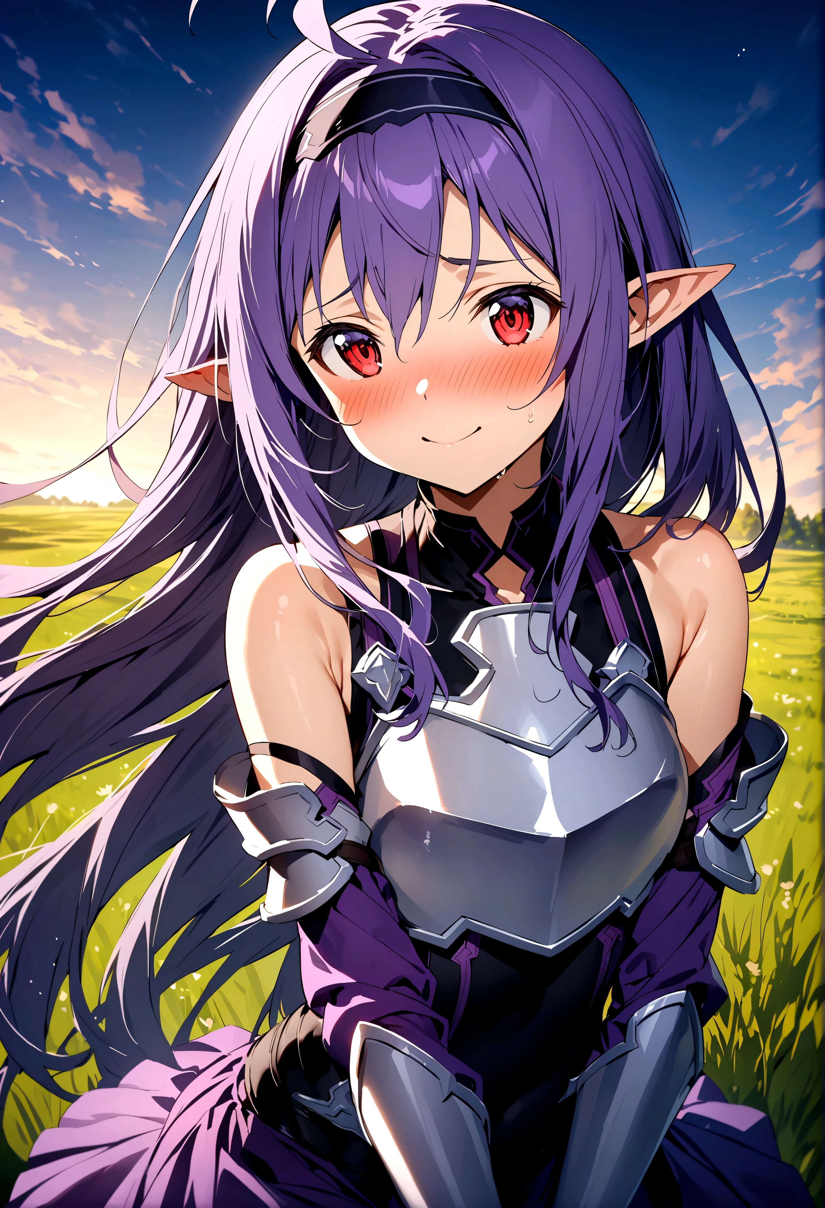 NSFW,masterpiece,Highest quality,High resolution,Super detailed,(Sword Art Online\), Purple Hair, Long Hair, Ahoge, Red eyes, Pointed Ears, hair band, armor, breastplate, Removable sleeves, leotard, Purple Skirt, Bare shoulders, gloves,Embarrassed,A cheerful smile,blush,grassland,Big tree