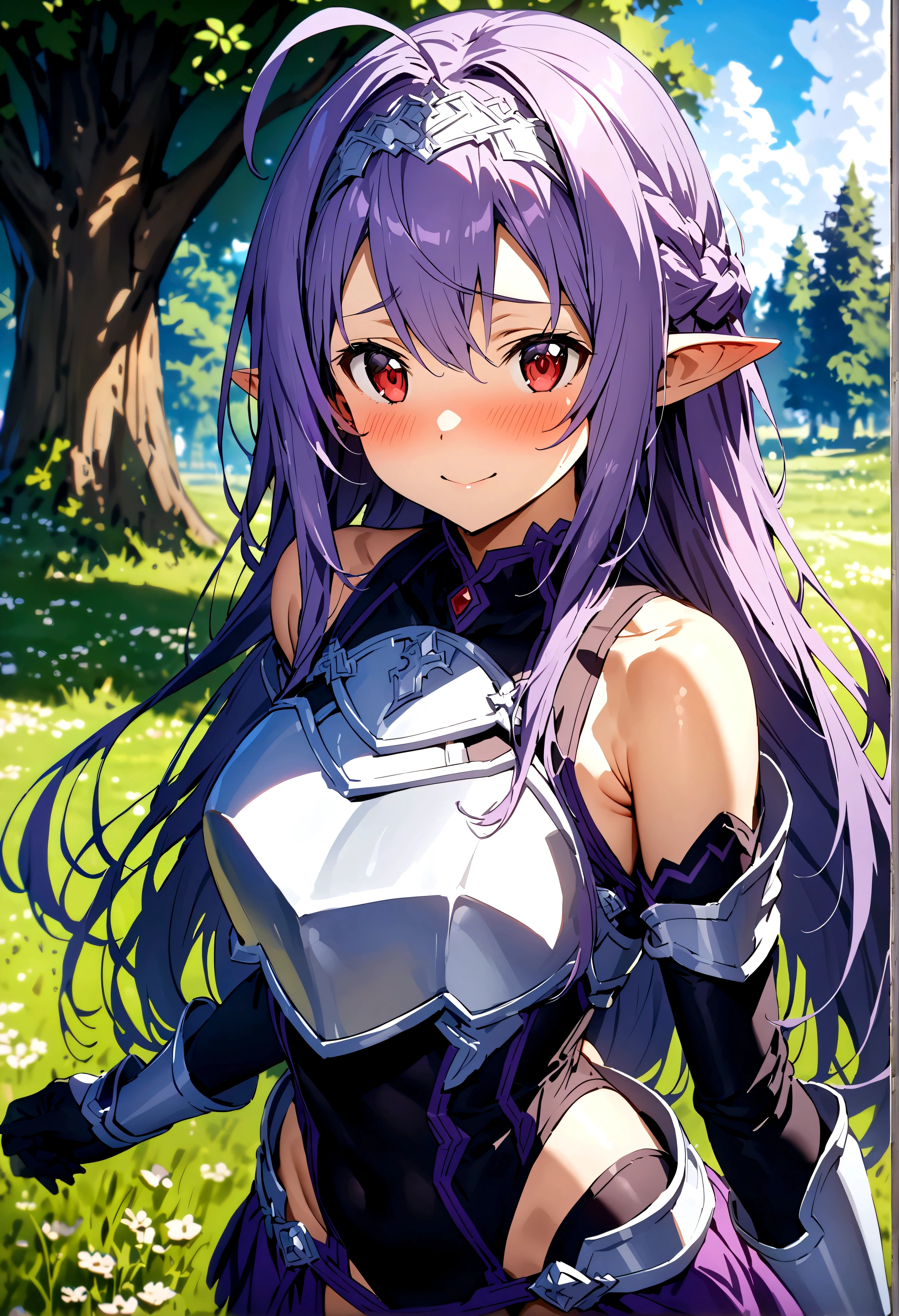 NSFW,masterpiece,Highest quality,High resolution,Super detailed,(Sword Art Online\), Purple Hair, Long Hair, Ahoge, Red eyes, Pointed Ears, hair band, armor, breastplate, Removable sleeves, leotard, Purple Skirt, Bare shoulders, gloves,Embarrassed,A cheerful smile,blush,grassland,Big tree