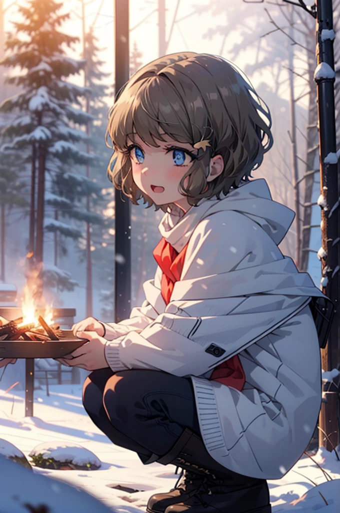 tomoekoga, Chie Koga, short hair, Brown Hair, blue eyes, hair band,smile,blush,White Breath,Medium Chest,
Open your mouth,snow,Ground bonfire, Outdoor, boots, snowing, From the side, wood, suitcase, Cape, Blurred, having meal, forest, White handbag, nature, Squat, Mouth closed, Cape, winter, Written boundary depth, Black shoes, red Cape break looking at viewer, Upper Body, whole body, break Outdoor, forest, nature, break (masterpiece:1.2), Highest quality, High resolution, unity 8k wallpaper, (shape:0.8), (Beautiful and beautiful eyes:1.6), Highly detailed face, Perfect lighting, Highly detailed CG, (Perfect hands, Perfect Anatomy),