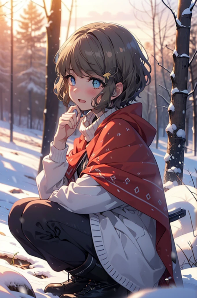 tomoekoga, Chie Koga, short hair, Brown Hair, blue eyes, hair band,smile,blush,White Breath,Medium Chest,
Open your mouth,snow,Ground bonfire, Outdoor, boots, snowing, From the side, wood, suitcase, Cape, Blurred, having meal, forest, White handbag, nature,  Squat, Mouth closed, Cape, winter, Written boundary depth, Black shoes, red Cape break looking at viewer, Upper Body, whole body, break Outdoor, forest, nature, break (masterpiece:1.2), Highest quality, High resolution, unity 8k wallpaper, (shape:0.8), (Beautiful and beautiful eyes:1.6), Highly detailed face, Perfect lighting, Highly detailed CG, (Perfect hands, Perfect Anatomy),
