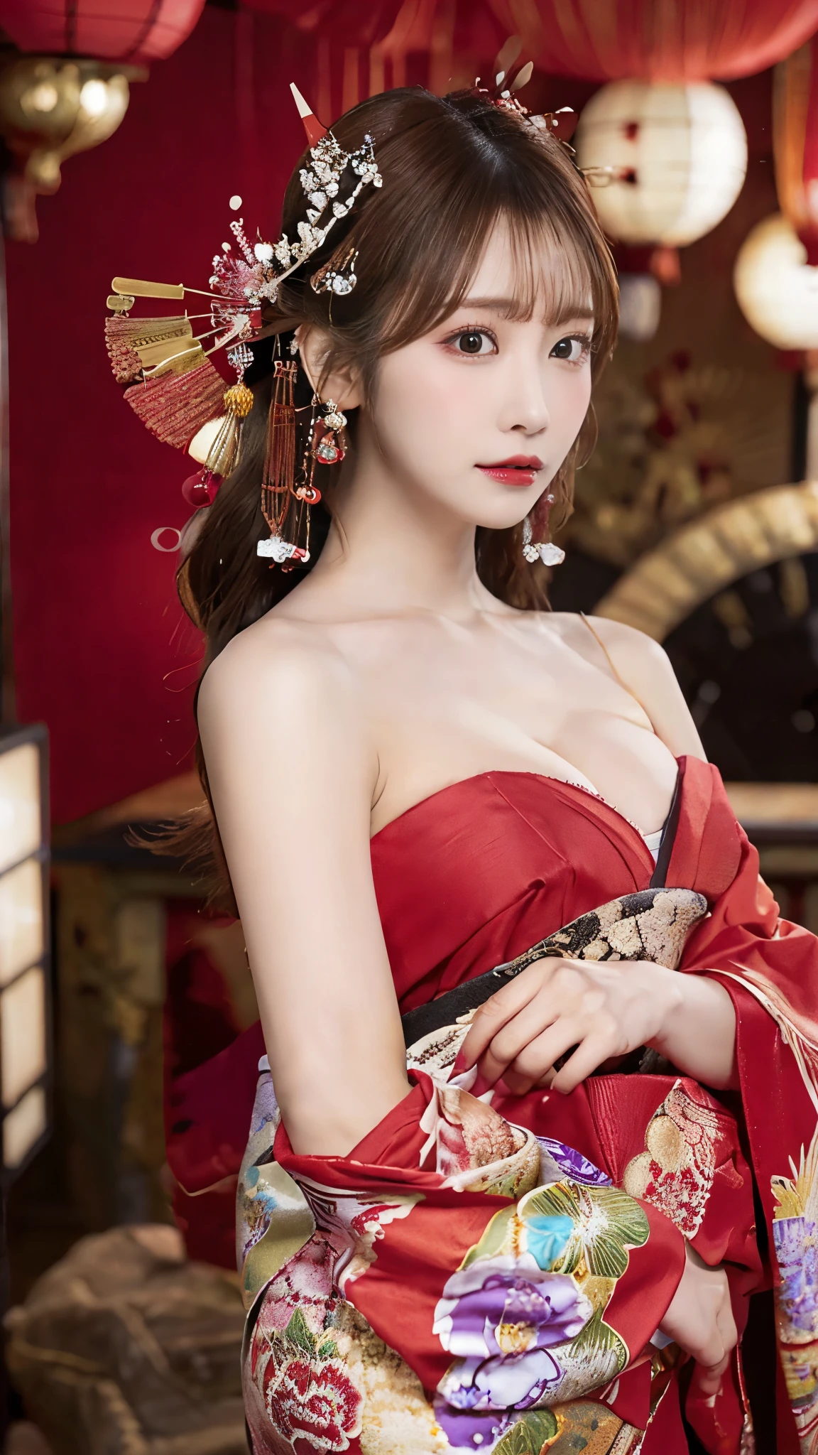 (Detailed skin:1.2),(Shiny skin:1.1),8K,Highest quality, masterpiece, Ultra-high resolution,(Realistic:1.4), RAW Photos,(Soft saturation:1.3),(Fair skin:1.2),Half-Japanese beauty,repair,20 years, Light brown hair, (Up-Hairstyles:1.2), Asymmetrical Hair, (Pretty face:1.4), (Large Breasts, Tight waist), Beautiful lighting, (Sexy Oiran:1.2,),Highly detailed face, Highly detailed lips, fine grain, double eyelid, (Sharp focus: 1.2), (Perfect Anatomy),(Beautiful woman with perfect figure: 1.2)、Exposing cleavage、Random sexy poses,(Accentuate your leg lines:1.2)、kimono、Sharp Eyes,Alluring expression、Open your mouth、Gorgeous hair ornament、Japanese style background