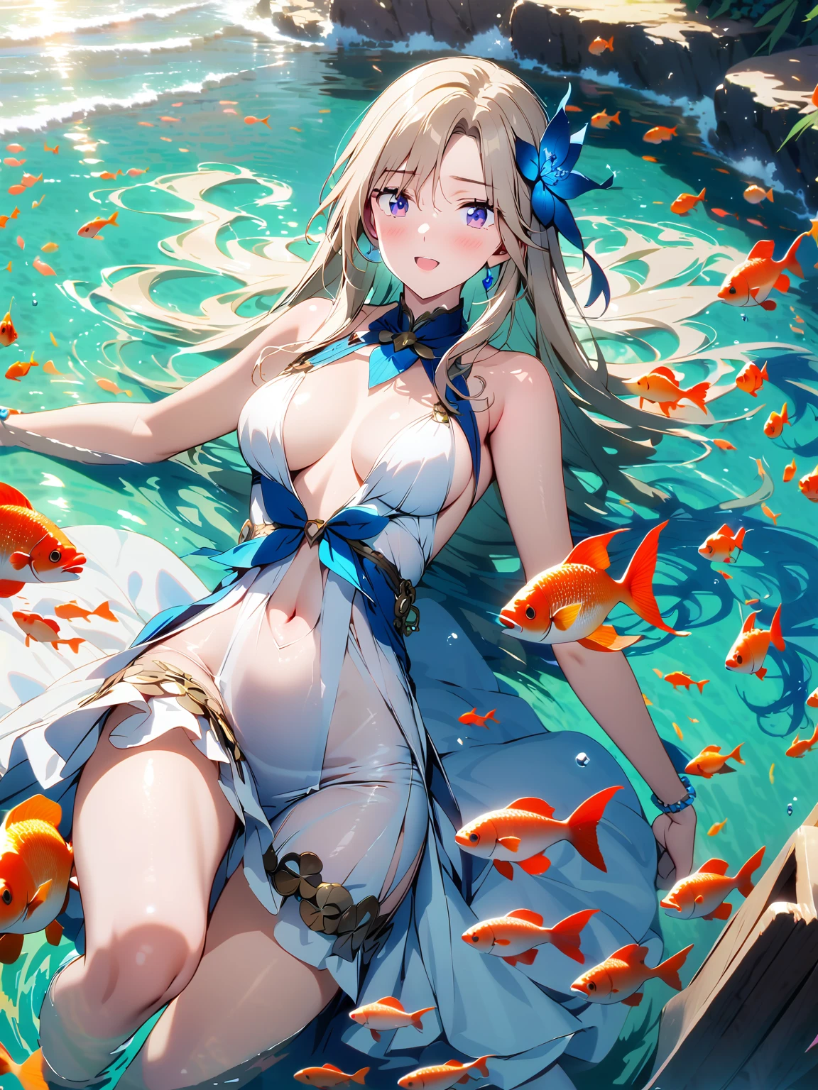 (超detailedなイラスト:1.2),Very delicate and beautiful,非常にdetailed,CG,Unity,8k wallpaper,wonderful,detailed,masterpiece,The best quality in the best condition,Official Art,非常にdetailed CG 8k Unbelievably ridiculous resolution,Beautiful and exquisite,High resolution,非常にdetailedな目と顔,Surrounded by fish,Swim in the water,Dressed in a white dress, Blue Water, Goddess of the Sea