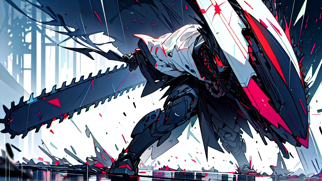 Absurd, High resolution, Super detailed,
One girl,Exo-armour oversized hooded jacket, Long horn,whole body,Has a chainsaw,The ultimate form,heavy rain、Colorful rain