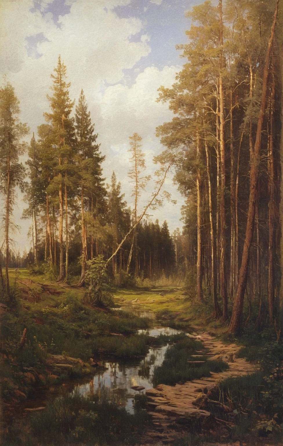 painting of a forest landscape with a stream and trees, by Ivan Shishkin, painting ivan Shishkin, Shishkin, Fedor Vasiliev, by Konstantin Vasilyev, in a forest clearing, forest landscape, style of ivan Shishkin, Исаак Levitan, Russian academic painting, vasnetsov, Levitan
