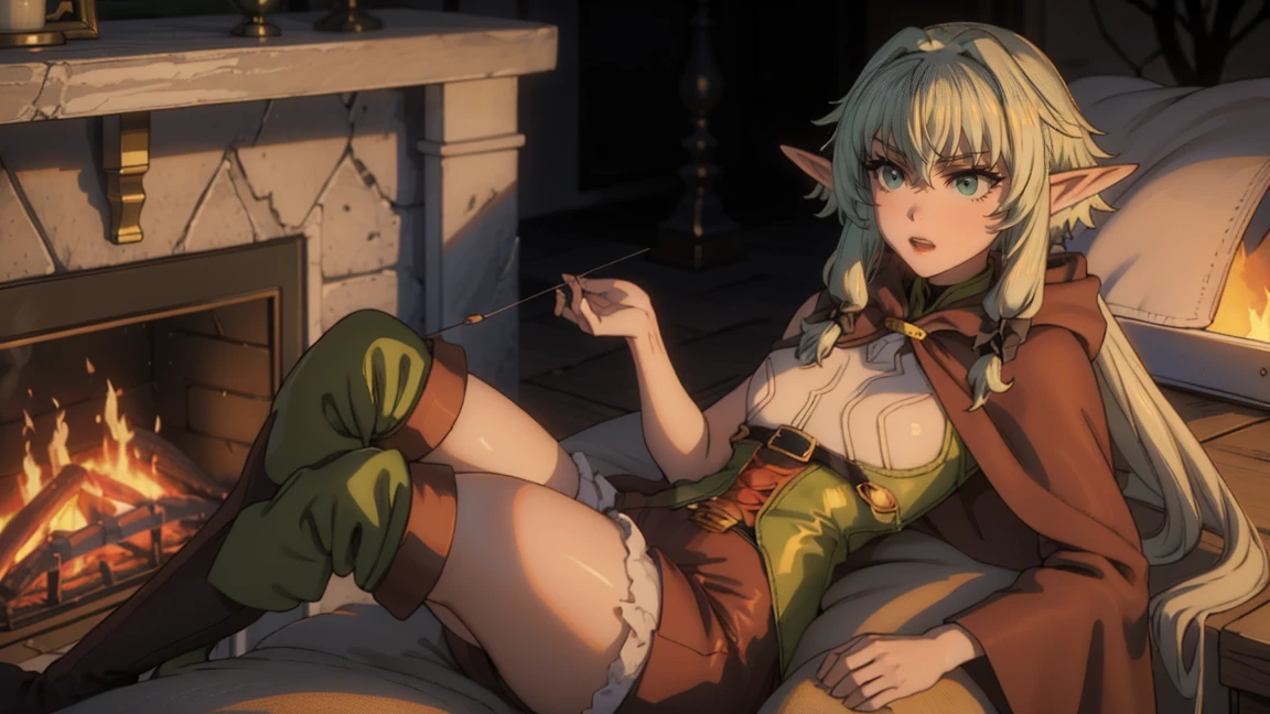 1 girl,20 years, Portrait of a girl, face accent, One,happy face, nature, night, the forest,, erotica, nude, archery, holding a bow and arrow in his hands, green cloak and hood, elf archer from Goblin Slayer, White hair, sexy figure, very beautiful, erotica, long hair,yellow eyes,Elf Ears, black small horns,white tights,Detailed long boots,golden tiara,Luxurious gold jewelry,(((lying by the fire))) nature, open field, night,