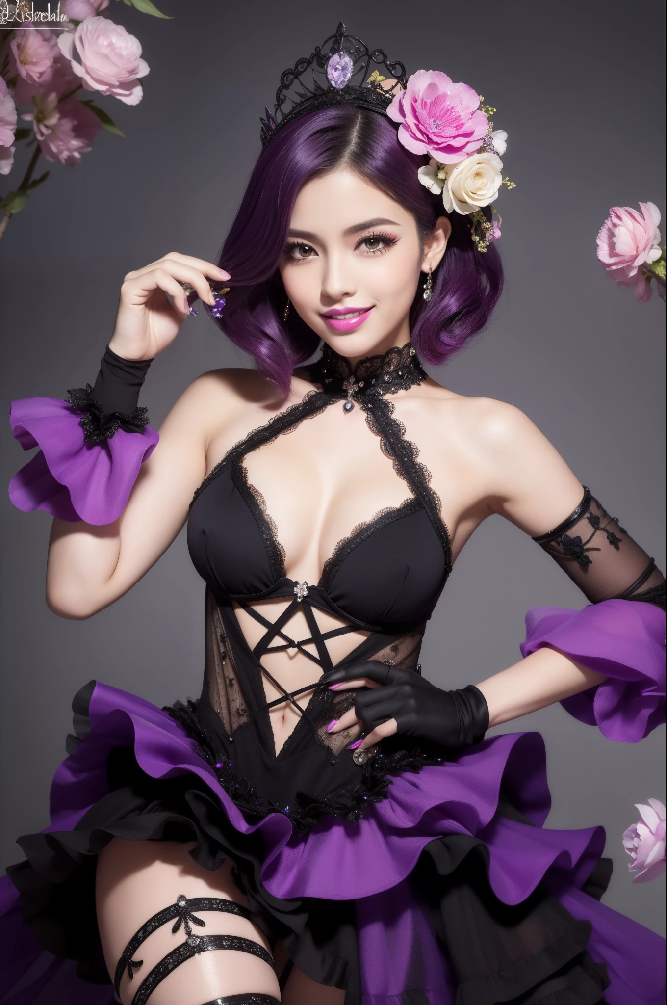 sexy Spanish model who controls poison、happy smile、lipgloss、long lashes、gothic makeup、look at the camera、full body Esbian、、sparkling poisoned flower costume、、、、sparkling Colorful short hair、secrete poison、skull hair accessories、sexy tights、shiny sparkling flowers background