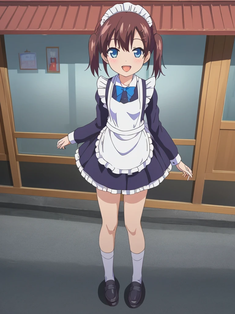 (masterpiece:1.2), best quality, highres, original, (extremely detailed:1.2), ultra-detailed, wallpaper, perfect lighting,(extremely detailed CG:1.2), 8k, anime illustration, 1boy, solo, cute, kawaii, crossdressing, (twin tails, light-blue eyes, flat chest, open the mouth, laughing, happy:1.2), (Chinese-style maid outfit, apron, ruffles hemline, knee-length dress:1.3), standing in front of the camera, frontal, looking at viewer, (anatomically correct:1.5), outdoor, full body nsfw show panties