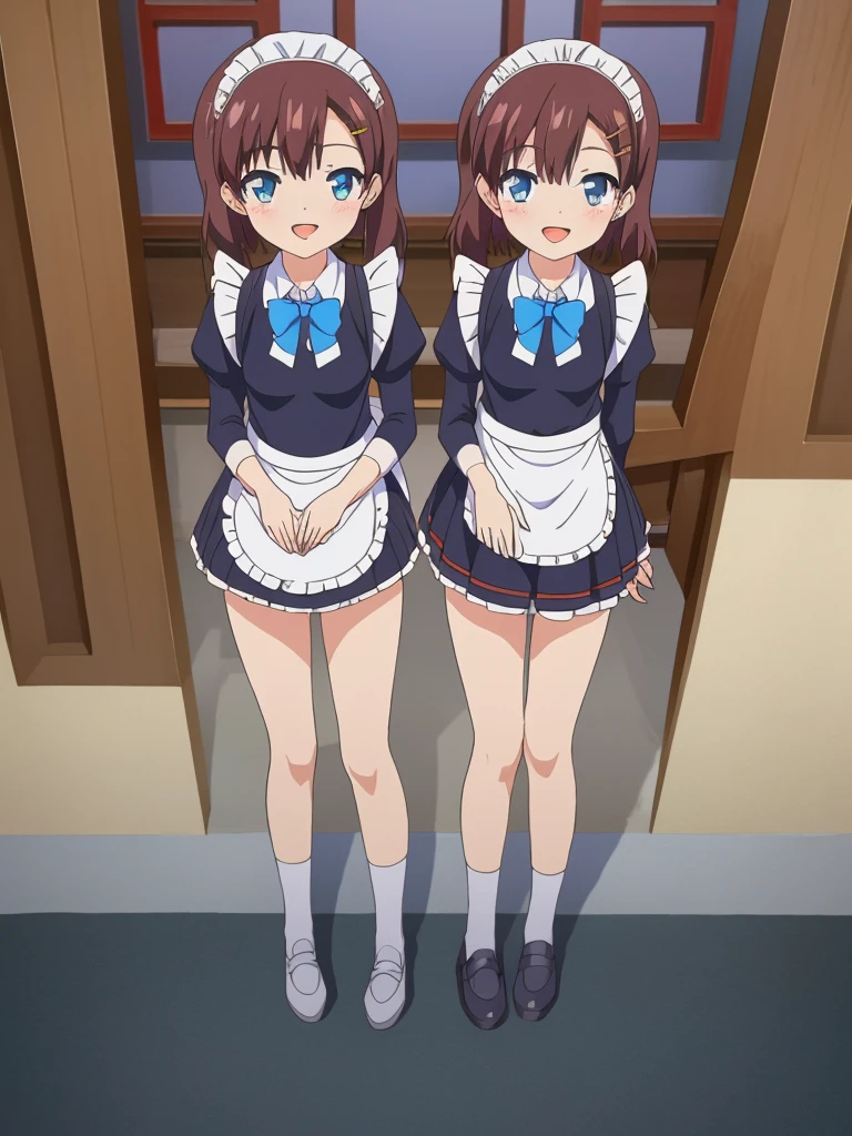 (masterpiece:1.2), best quality, highres, original, (extremely detailed:1.2), ultra-detailed, wallpaper, perfect lighting,(extremely detailed CG:1.2), 8k, anime illustration, 1boy, solo, cute, kawaii, crossdressing, (twin tails, light-blue eyes, flat chest, open the mouth, laughing, happy:1.2), (Chinese-style maid outfit, apron, ruffles hemline, knee-length dress:1.3), standing in front of the camera, frontal, looking at viewer, (anatomically correct:1.5), outdoor, full body nsfw show panties