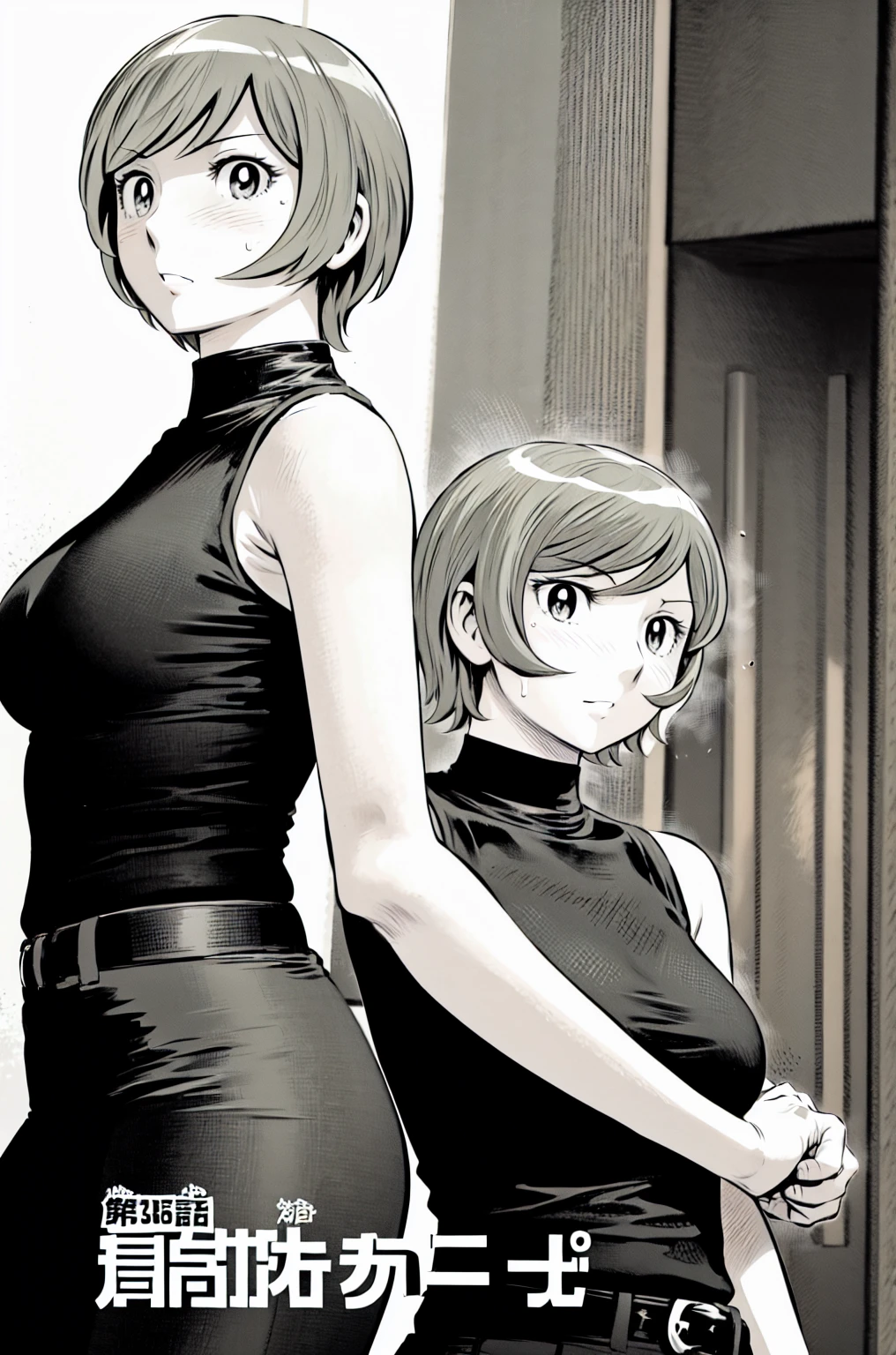 、(masterpiece、Highest quality)、Highest quality, Ultra-high resolution, (((masterpiece))), alone, Sweat、Big eyes,Tight black shirt、Tight white pants、belt、indoor、Composition from the front、(Cut the back hair short、short hair、blonde、woman)、Shortcuts、Embarrassed face、Cut your hair short、可愛いwomanの子、Big Breasts、office