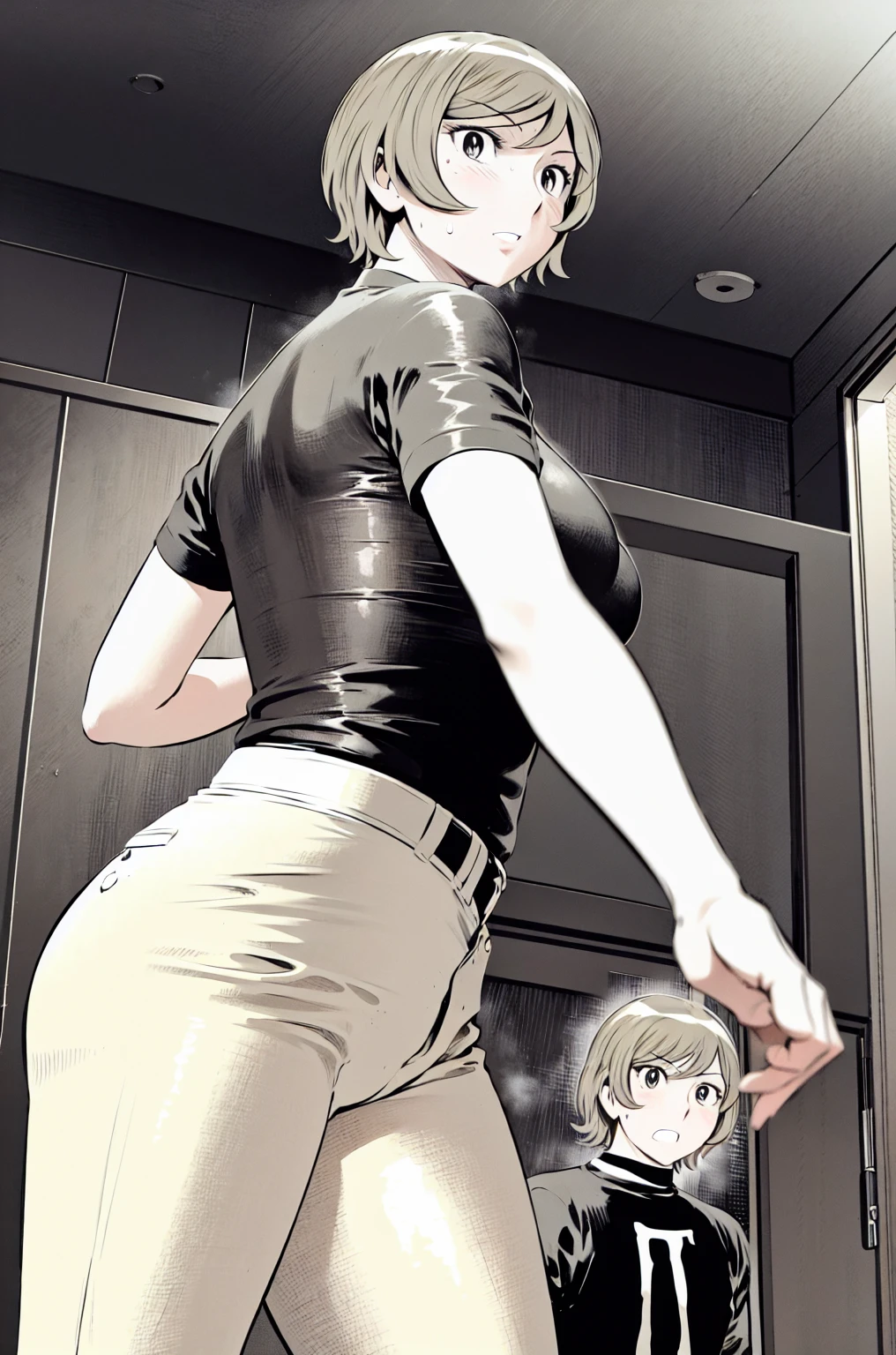 、(masterpiece、Highest quality)、Highest quality, Ultra-high resolution, (((masterpiece))), alone, Sweat、Big eyes,Tight black shirt、Tight white pants、belt、indoor、Composition from the front、(Cut the back hair short、short hair、blonde、woman)、Shortcuts、Embarrassed face、Cut your hair short、可愛いwomanの子、Big Breasts、office