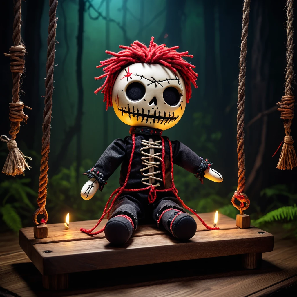(knitted toy voodoo doll:1.5), (Voodoo Doll on a Gallows:1.3), (Clothing: prisoner attire with rope patterns:1.0), (Accessories: enchanted noose emitting a spectral light, floating spectral chains:1.1), (background: old gallows with a wooden platform, surrounding forest, and a chilling atmosphere:1.2), best quality, masterpiece, detailed soft oil painting, detailed background, dramatic cinematic lighting, soft edge lighting, professional, dramatic lighting, hard edge lighting,
ultra quality, 4k,masterpiece, best quality, 8k, ultra highres, highres, extremely detailed