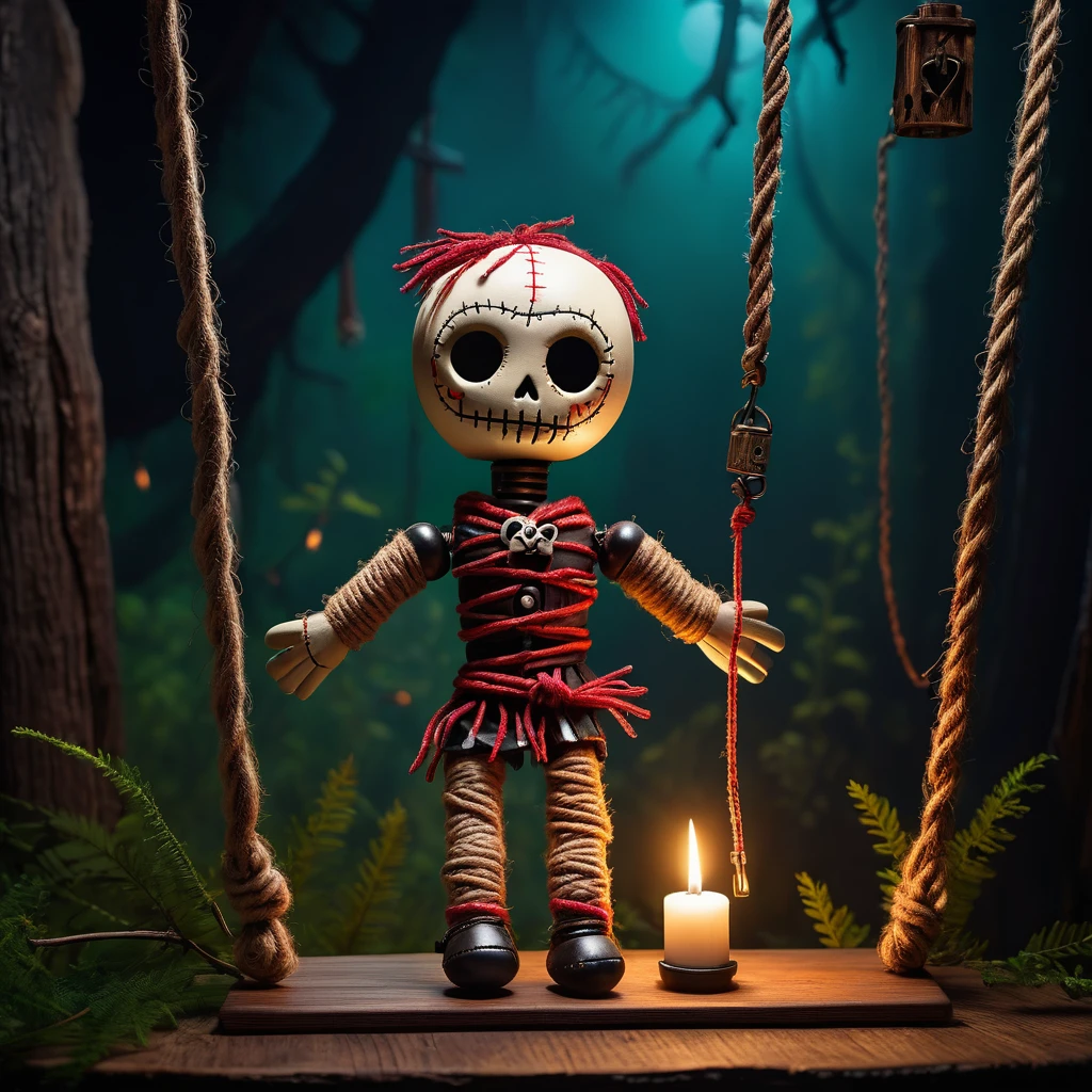(knitted toy voodoo doll:1.5), (Voodoo Doll on a Gallows:1.3), (Clothing: prisoner attire with rope patterns:1.0), (Accessories: enchanted noose emitting a spectral light, floating spectral chains:1.1), (background: old gallows with a wooden platform, surrounding forest, and a chilling atmosphere:1.2), best quality, masterpiece, detailed soft oil painting, detailed background, dramatic cinematic lighting, soft edge lighting, professional, dramatic lighting, hard edge lighting,
ultra quality, 4k,masterpiece, best quality, 8k, ultra highres, highres, extremely detailed