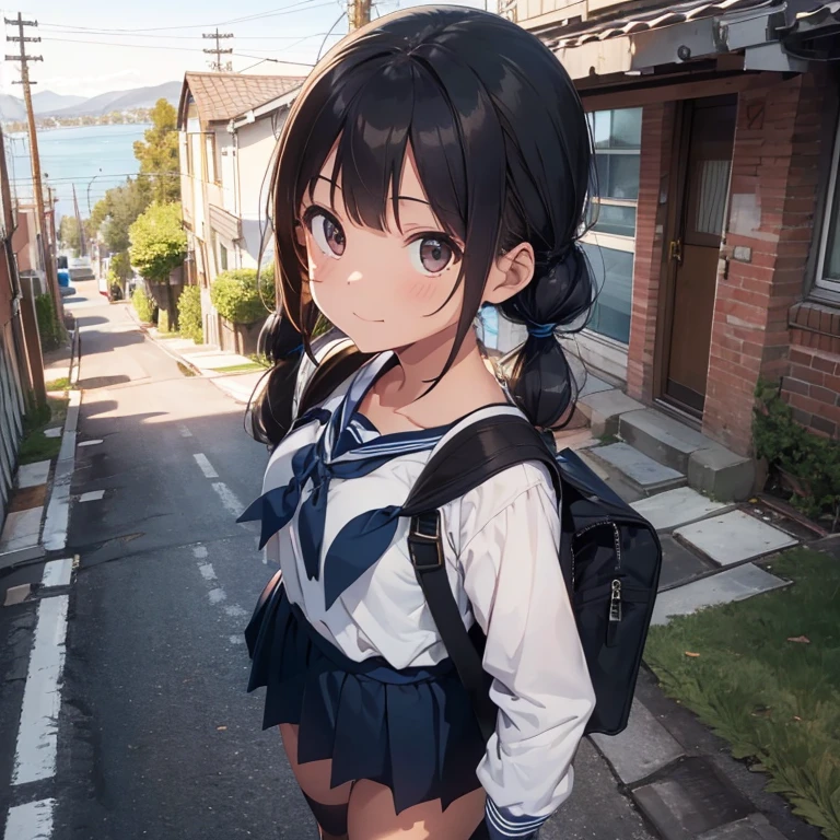 best quality, detailed, masterpiece,
1 girl, standing, gentle smile, 15yo,
(low twintails:1.4), low pigtails, black hair, long hair,
(navy blue sailor suit with blue ribbon:1.2), long sleeves, 
BREAK 
(dark brown eyes), (school bag),from the front, from few above, POV, alone, 
BREAK 
(steep downhill:1.2), (long hill straight road to the back), electric pole, electric cable, hill city, housing,
cityscape, sea in the distance, nice view, 15 o'clock, orange sky, animation