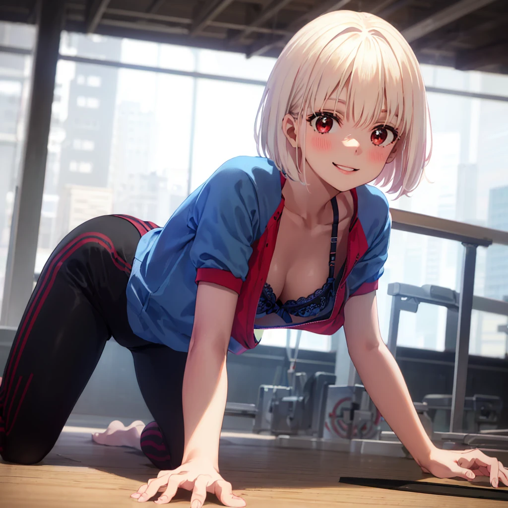 Face up, (From the front: 1.2), (Crawling on all fours: 1.2), (Looking down: 1.2), Breaking girl, Casual, Gym clothes, Jersey worn, School gymnasium, (Bra: 1.2), Breast gap, Medium breasts, Down blouse, nipples visible, no bra, slouching, short hair, light cream colored hair, red eyes, 8K, top quality, masterpiece, super detailed, full lips, blush, perfect hands, detailed hands ,,,perfect hands,detailed hands,,smile,smile,on gymnastics mat,gymnastics mat,gym clothes,wearing jersey,wearing spats