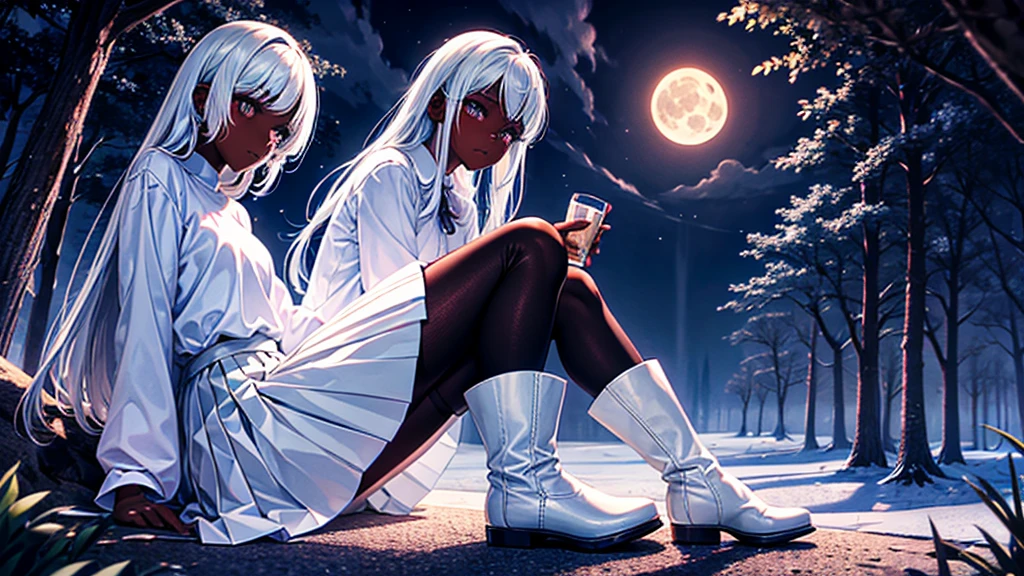 Dark skinned girl, White clothes, Compensate, Long sleeve puff shirt, Tulle skirt, White boots, Night Forest, moonlight, It is not a pleated skirt, White Pantyhose