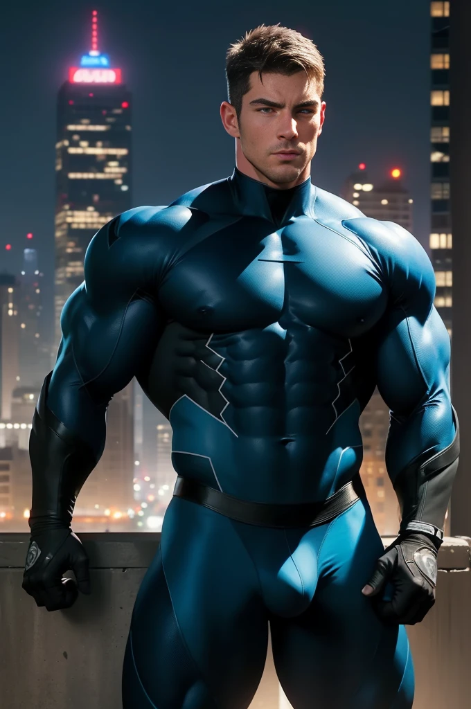 ((realistic: 1.5)),((best quality)), ((masterpiece)),((detailed)), male ninja, Vigilante, Caucasian American, handsome, photorealistic face,short hair, attack position, abdominal muscles visible,chest visible, just outside of the city with evening cityscape in the background, huge biceps, huge muscles, muscular body,dick grayson,wearing nightwing suit blue and black