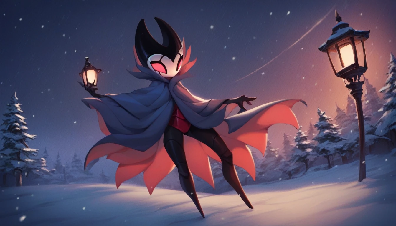 score_9, score_8_up, score_7_up, score_6_up, zPDXL2, grimm \(hollow knight\), vampire, bat, 1boy, solo, cute face, detailed eyes, anthro, landscape, highlight thighs, It's snowing outside, it's night, a lamp is on nearby, outdoor, winter coat, (dynamic poses) 