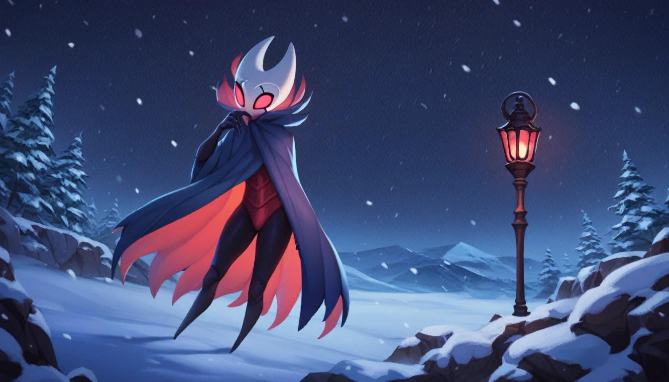 score_9, score_8_up, score_7_up, score_6_up, zPDXL2, grimm \(hollow knight\), vampire, bat, 1boy, solo, cute face, detailed eyes, anthro, landscape, highlight thighs, It's snowing outside, it's night, a lamp is on nearby, outdoor, winter coat, (dynamic poses)