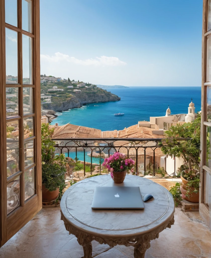 there is a laptop on a table in a patio with a view of the ocean, mediterranean vista, beautful view, detailed scenic view, mediterranean island scenery, beautiful place, gorgeous view, stunning view, beautiful terrace, open window ib background, nice view, beautiful italian beach scene, balcony scene, mediterranean, overlooking the ocean, mediterranean architecture, masterpiece'