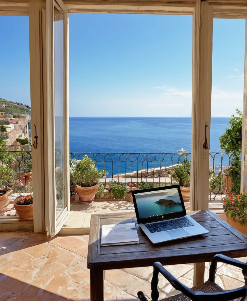 there is a laptop on a table in a patio with a view of the ocean, mediterranean vista, beautful view, detailed scenic view, mediterranean island scenery, beautiful place, gorgeous view, stunning view, beautiful terrace, open window ib background, nice view, beautiful italian beach scene, balcony scene, mediterranean, overlooking the ocean, mediterranean architecture, masterpiece'