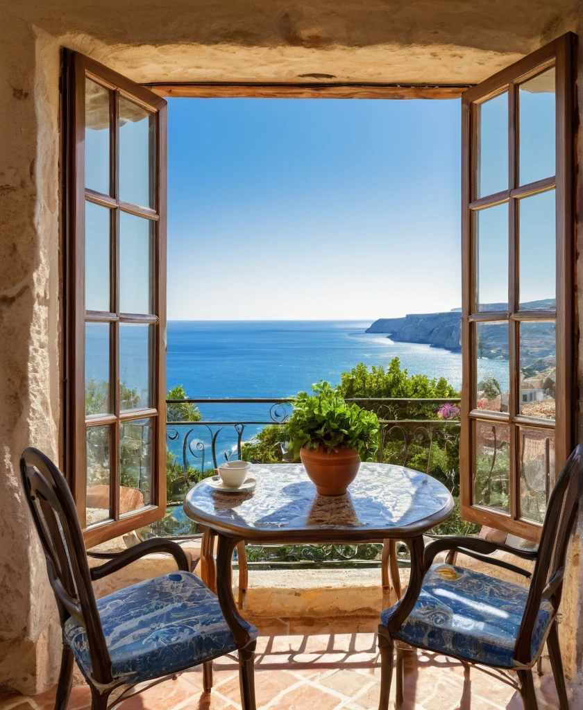 there is a laptop on a table in a patio with a view of the ocean, mediterranean vista, beautful view, detailed scenic view, mediterranean island scenery, beautiful place, gorgeous view, stunning view, beautiful terrace, open window ib background, nice view, beautiful italian beach scene, balcony scene, mediterranean, overlooking the ocean, mediterranean architecture, masterpiece'
