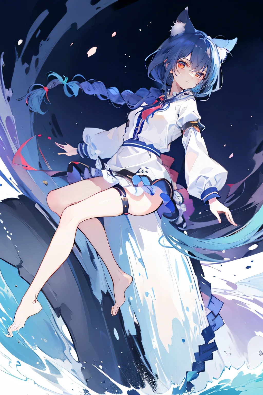 (masterpiece:1.2),Super detailed,lifelike,Expressive eyes,fair skin,perfect face shape,1 girl,
Japanese comics,Gorgeous blue hair,flowing blue hair,flowing clothes,Cat ears,Petals fall,beautiful lola,Baby Angel,sunrise,
Shaking head with one hand,Cross your legs,Gentle and peaceful background,The pavilion is cool and comfortable,smile, wearing hoodie, background of tokyo,back views,snowing, winter,seaside,wet clothes,A smile,A faint smile,。dark blue gradient hair,asymmetrical hair,((Hair is very thick 1.8,Chiseled hair 1.6)), Hair over the shoulders, Messy hair, Very long hair, shiny hair,(long dark blue hair:1.2),A beautiful girl,(Transparent clothes transparent 1.8),Perfect body,Big thin legs,slender,(Looks very sad,Looks haggard ,sadness,shut your mouth:1.2) Against the backdrop of an unusually bright dark starry sky,(Put your hands behind your back),(round,Room, Strong breasts),barefoot,float,water surface,(long legs,long legs,long legs,Completefgo style,like \(destiny\), like Adult, hair length, underwear, masterpiece, Top quality, 1 Girl, looking at the audience,(((braid)))、shameful face、Embarrassed face、Long body、huge 、