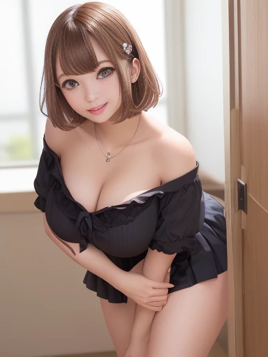 Junior-chan, Junior-chan, hair ornaments, Hair Clip, Mole, Mole under eye, short hair, Brown Hair, blue eyes, (Large Breasts:1.2),Captivating smile,
break wariza, Reaching out, White Skirt, (strapless off shoulder), necklace, Field, Garth,
break looking at viewer,Are standing, Leaning forward, Put your arms behind your back,
break indoors, office,
break (masterpiece:1.2), Highest quality, High resolution, unity 8k wallpaper,Browsing Caution ,(figure:0.8), (Beautiful attention to detail:1.6), Highly detailed face, Perfect lighting, Highly detailed CG, (Perfect hands, Perfect Anatomy),