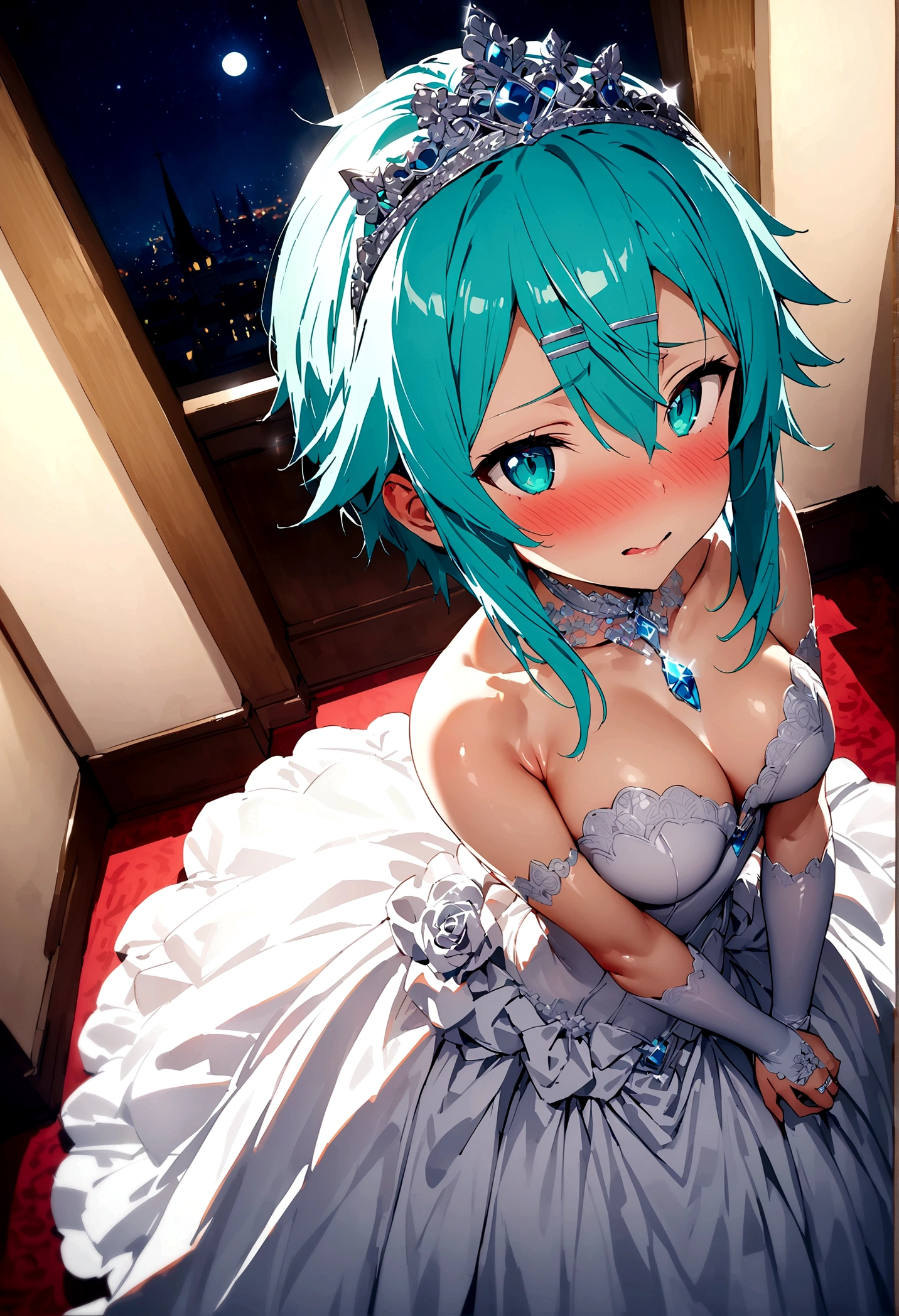 NSFW,masterpiece,Highest quality,High resolution,Super detailed,Sinon\(Sword Art Online\),(High quality sexy wedding dress),Wedding Veil,tiara,gem, hair ornaments, Hair Clip,wedding ring,Embarrassed,expectant face,(Lust),blush,Church at night in the moonlight,Luxurious Room,wedding,From above