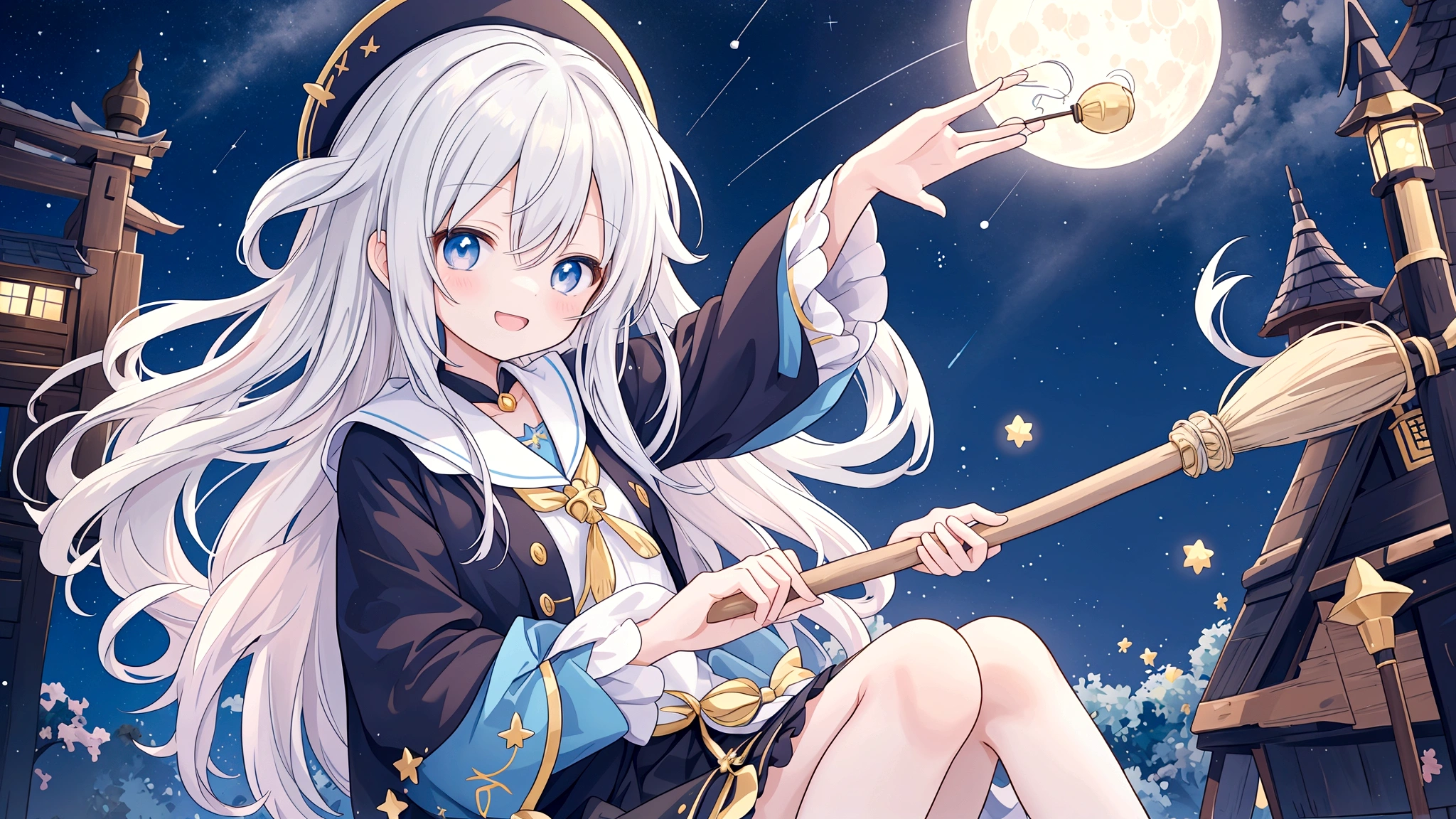 An image depicting a mischievous witch in an anime style, riding a broom through the night sky. She has a playful expression, with her full body shown against a backdrop of twinkling stars and a glowing moon. The scene captures the whimsical and magical essence of a witch soaring through the sky, creating an enchanting and lively atmosphere. 背景は夜空に満月が一tとお星様が２t、きらきらのエフェクトはいかなる場合でもtけないこと,Light blue long hair、ロングスカートに右手で杖を持t、The left hand is placed on the broom
