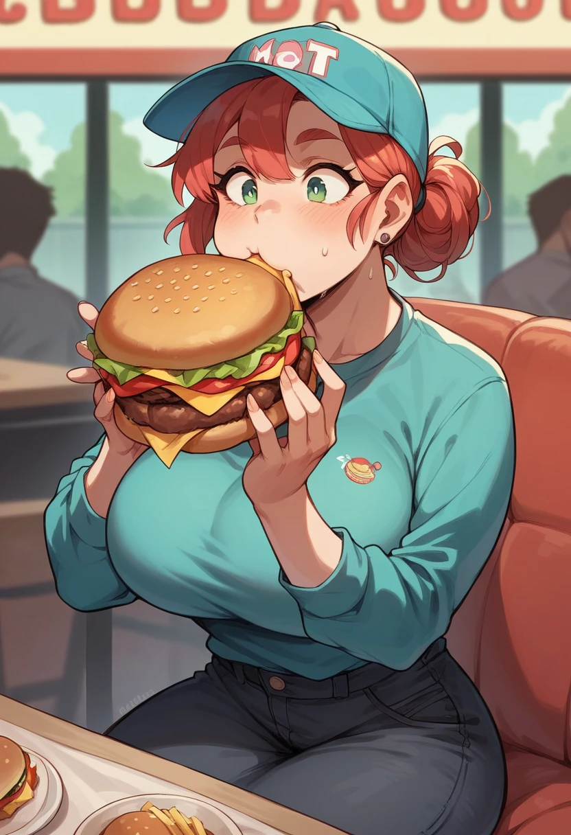 Big woman fat eating burger
